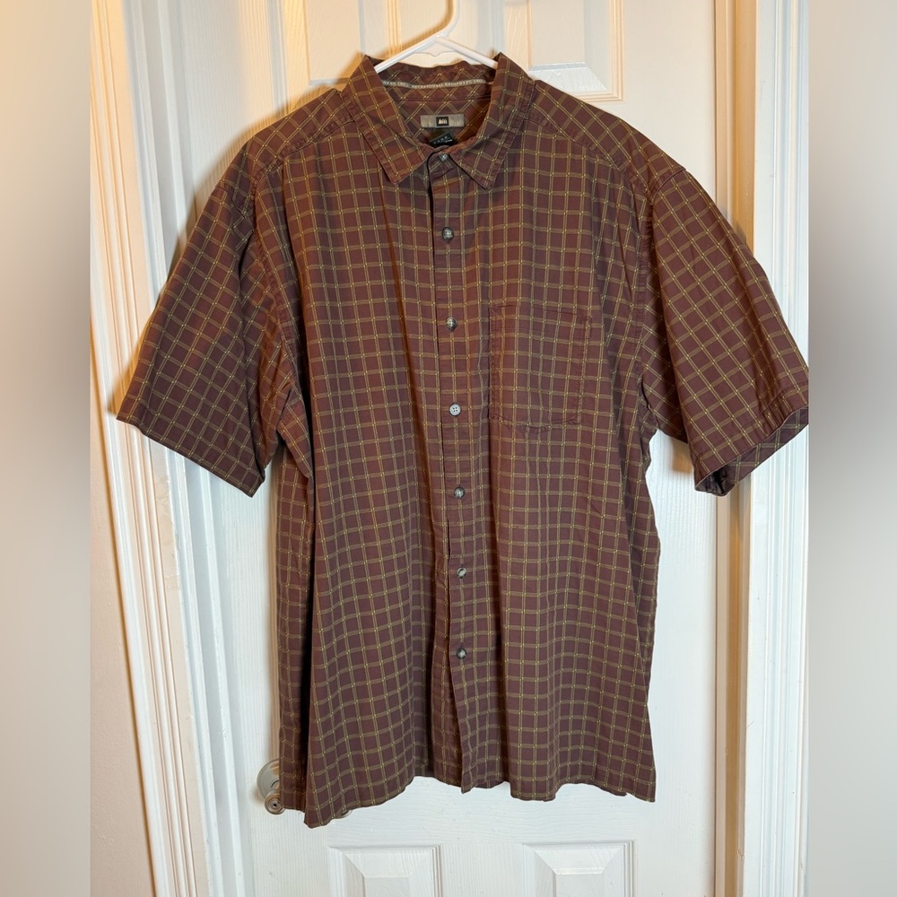 REI Fisherman Men's Short Sleeve Brown and Yellow Cotton Plaid Shirt Size XL - Picture 1 of 7